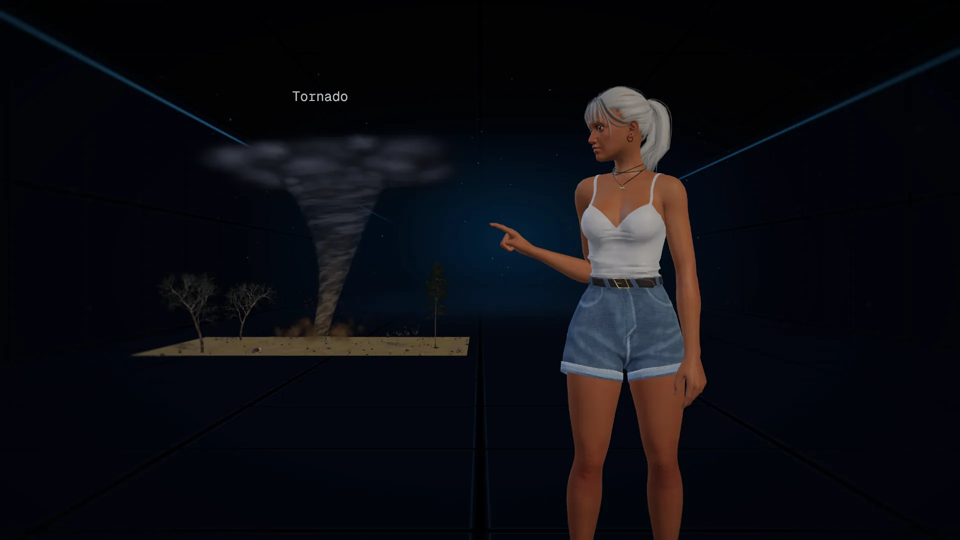 Evie neben einem Tornado aus einer dunklen Gewitterwolke über einem Stück Land. Sie zeigt auf den Wirbel.