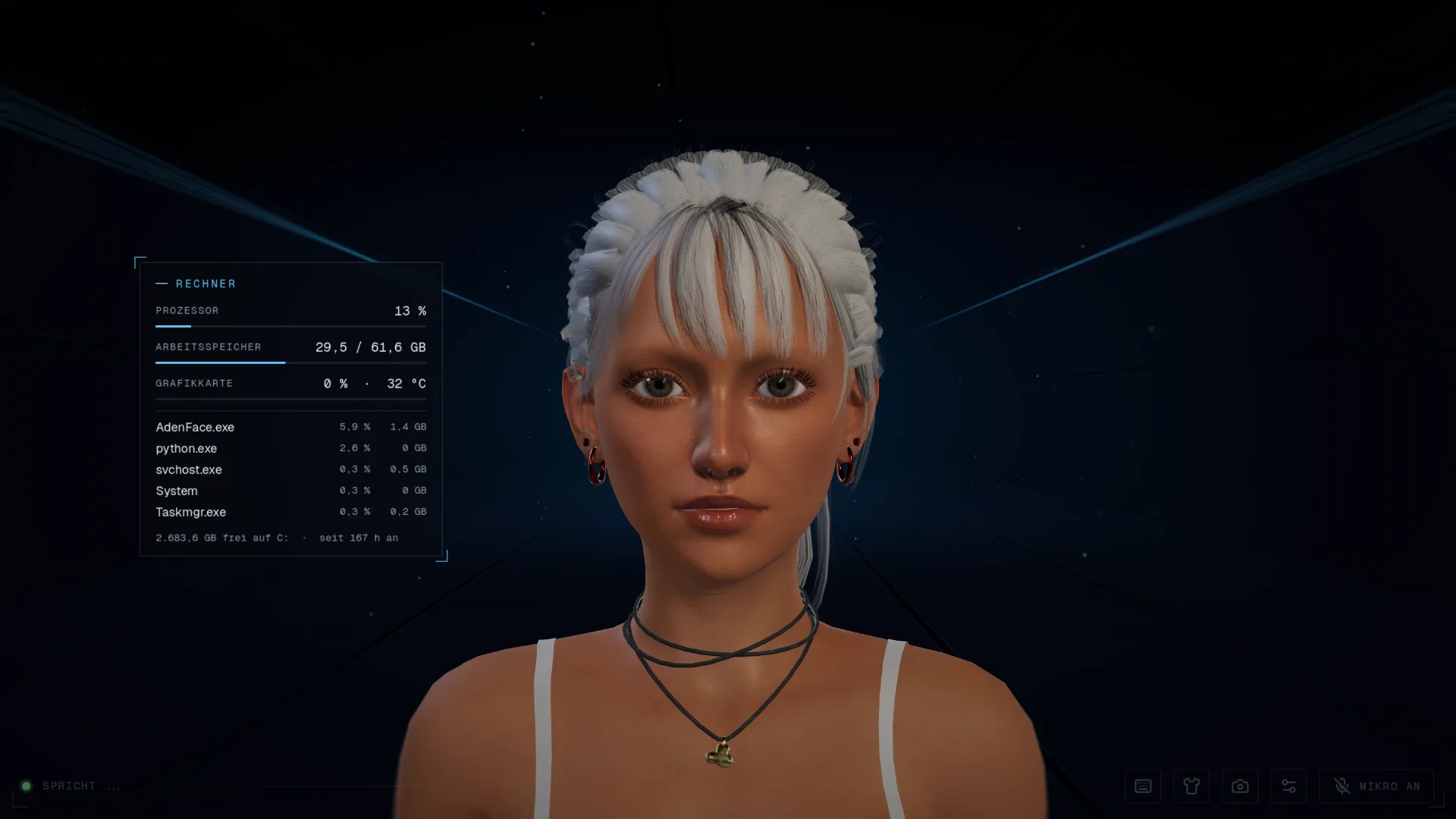 Evie im Programm, links neben ihr die Tafel Rechner mit Prozessor, Arbeitsspeicher, Grafikkarte und den Programmen, die gerade laufen. Evie erklärt die Werte.